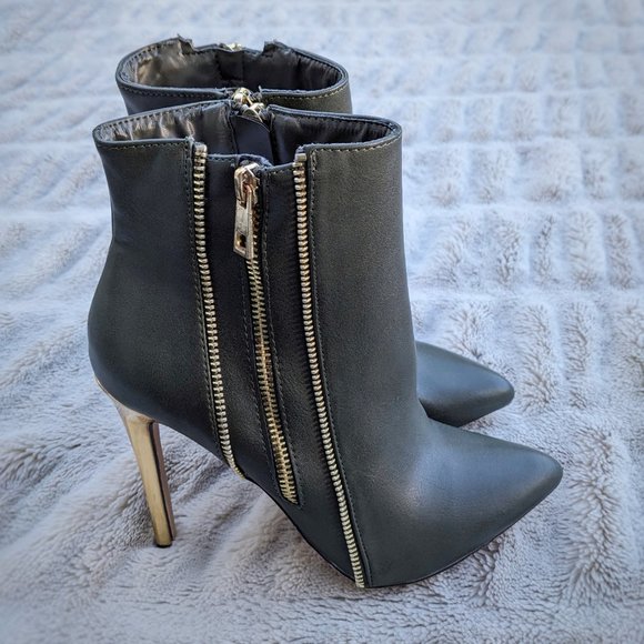 CATHERINE MALANDRINO Gold Stiletto Heel Zipper Detail Olive Green Ankle Boot Sz8 - Picture 2 of 12